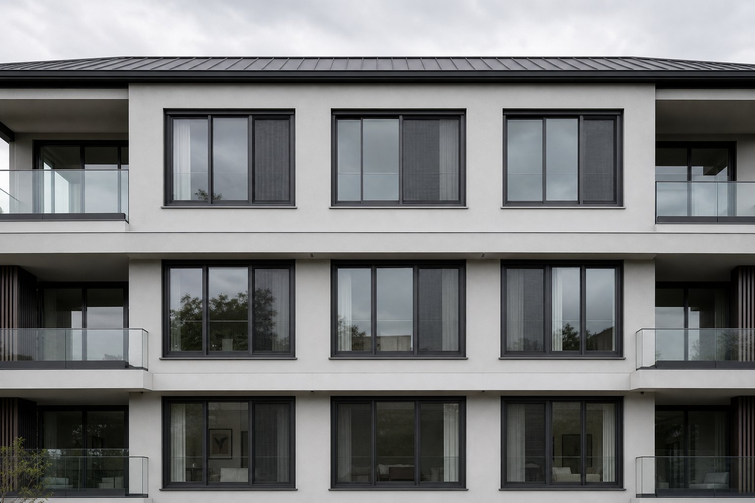 multi track aluminium sliding windows with powder coated finish and integrated screens on a modern residential facade
