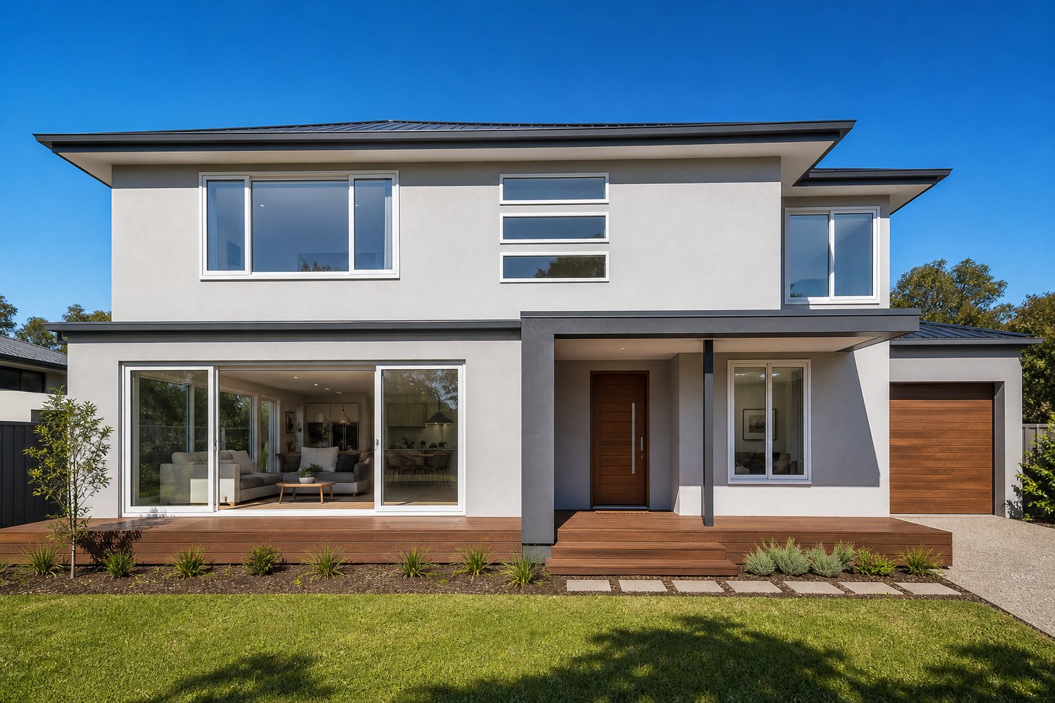multiple white aluminium window styles including sliding awning and casement on a modern australian facade