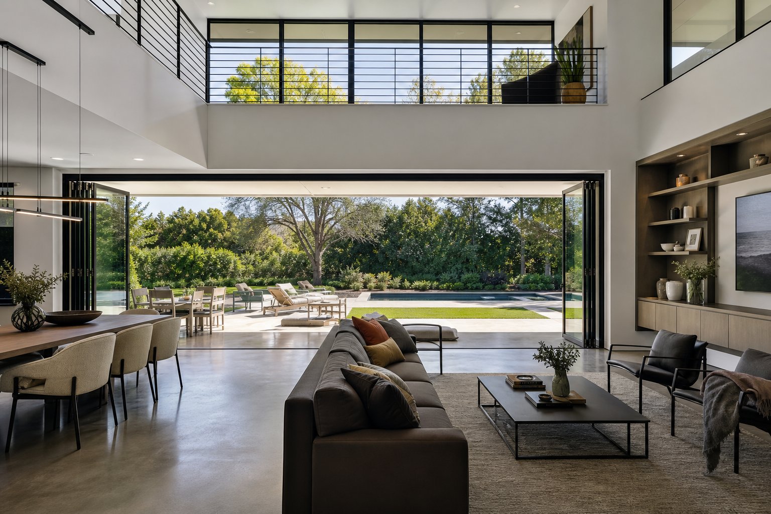 open plan living area with premium aluminium bifold doors creating seamless indoor outdoor connection