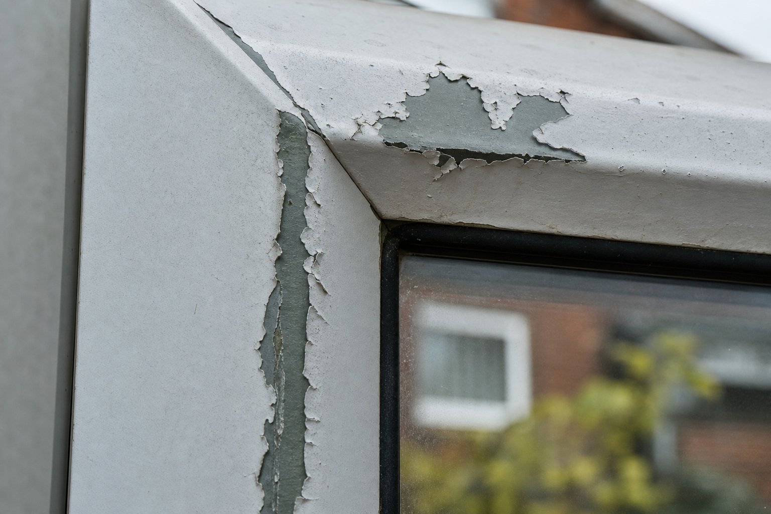 paint peeling at a window frame corner joint caused by insufficient preparation in tight areas where sandpaper cannot reach
