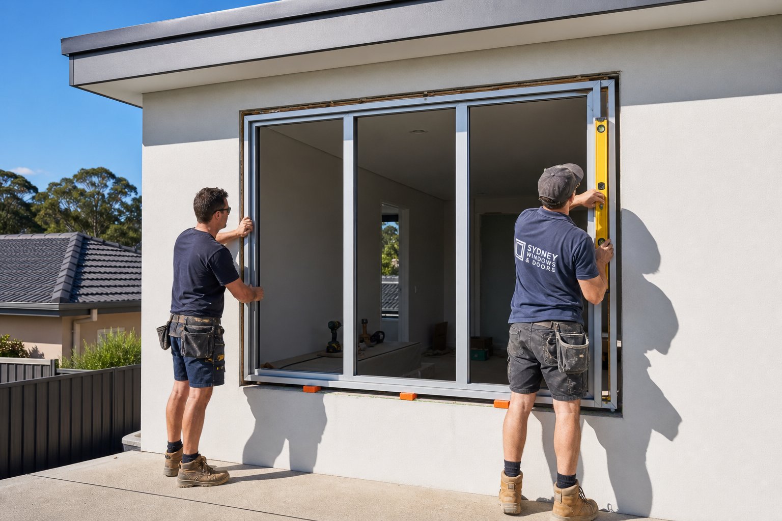 positioning and levelling a new aluminium window frame during installation