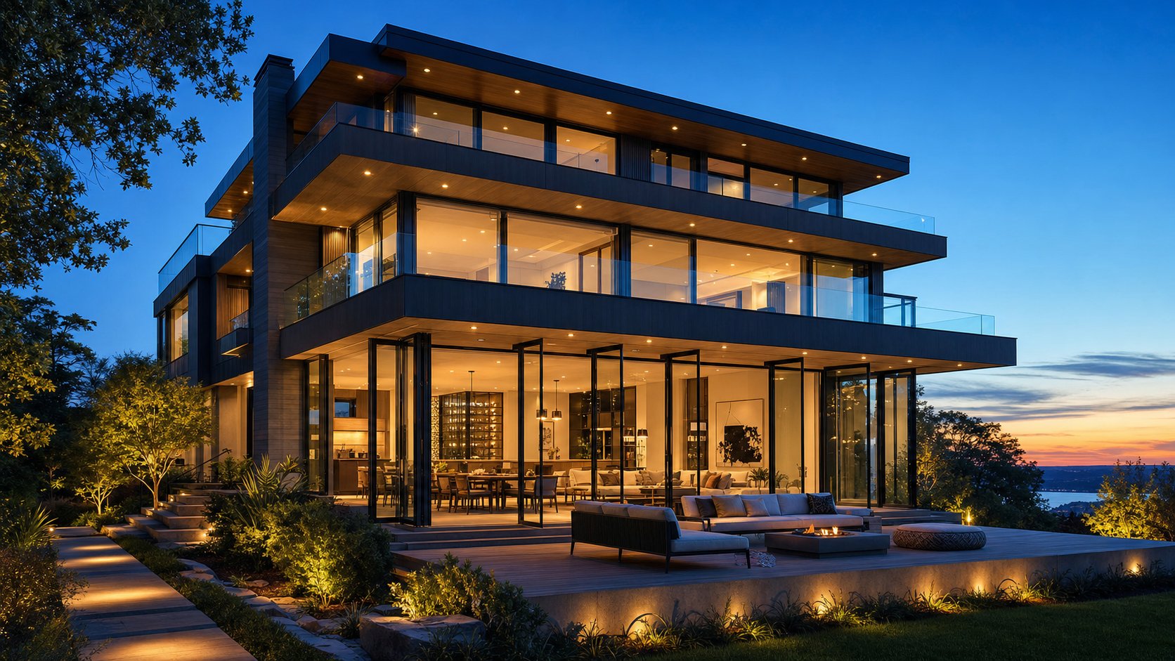 premium aluminium bifold windows connecting indoor living to an outdoor entertaining area at dusk