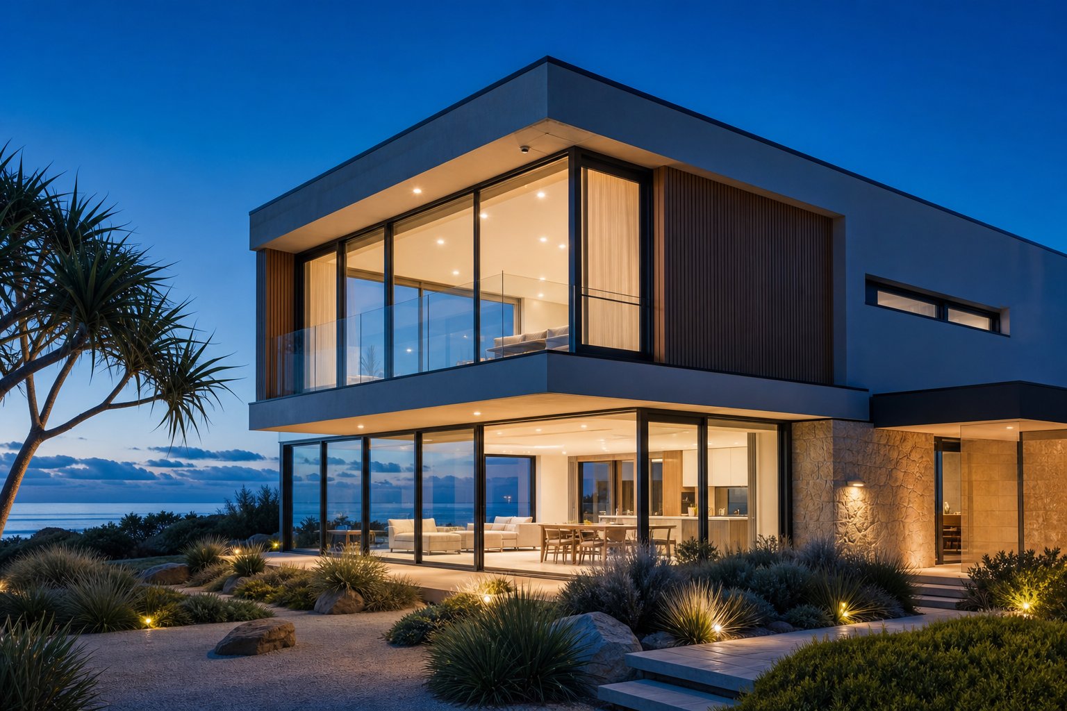 premium aluminium sliding window system on a coastal australian home designed for salt air resistance and panoramic views