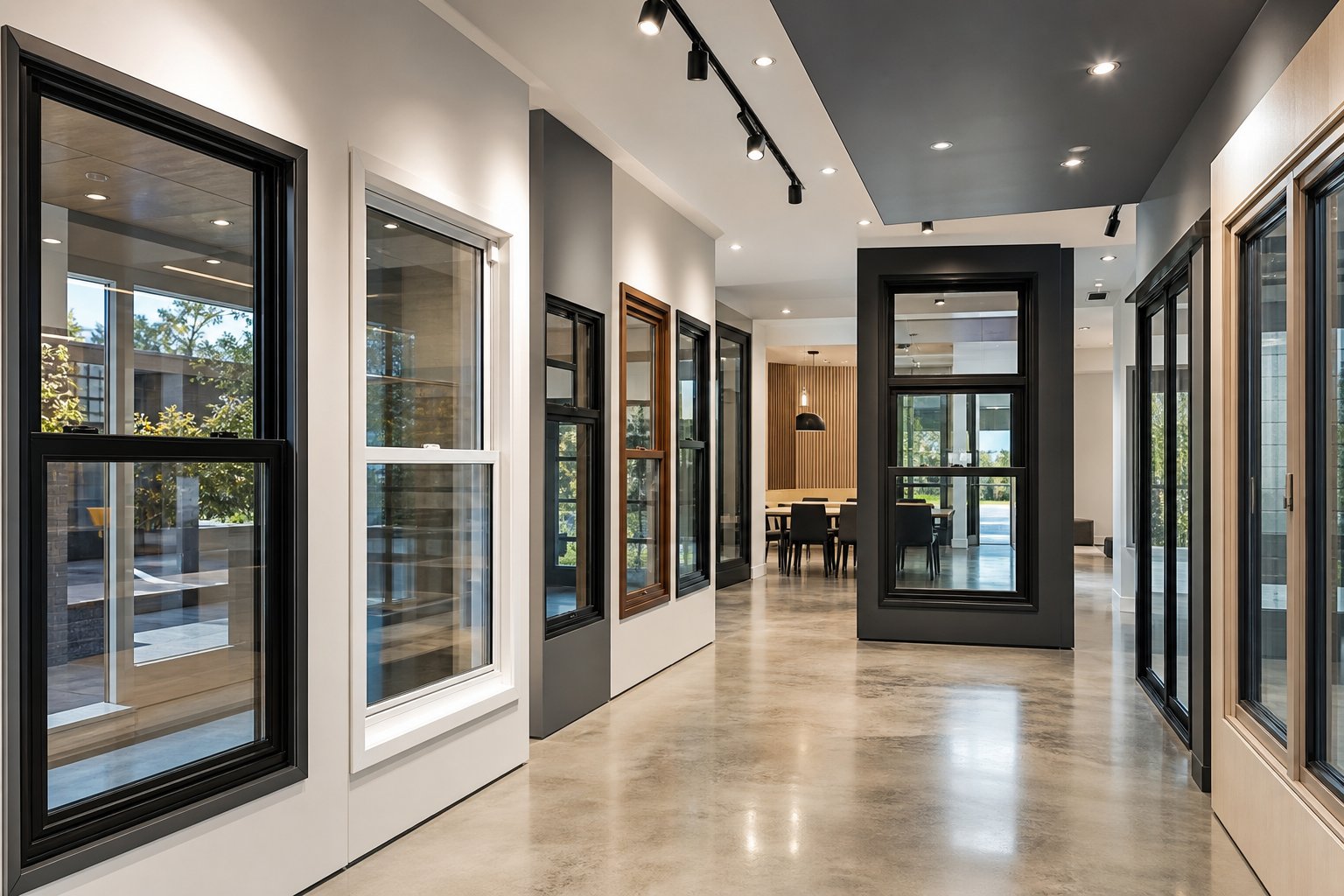 premium aluminium window showroom displaying various sash window configurations and powder coated colour options