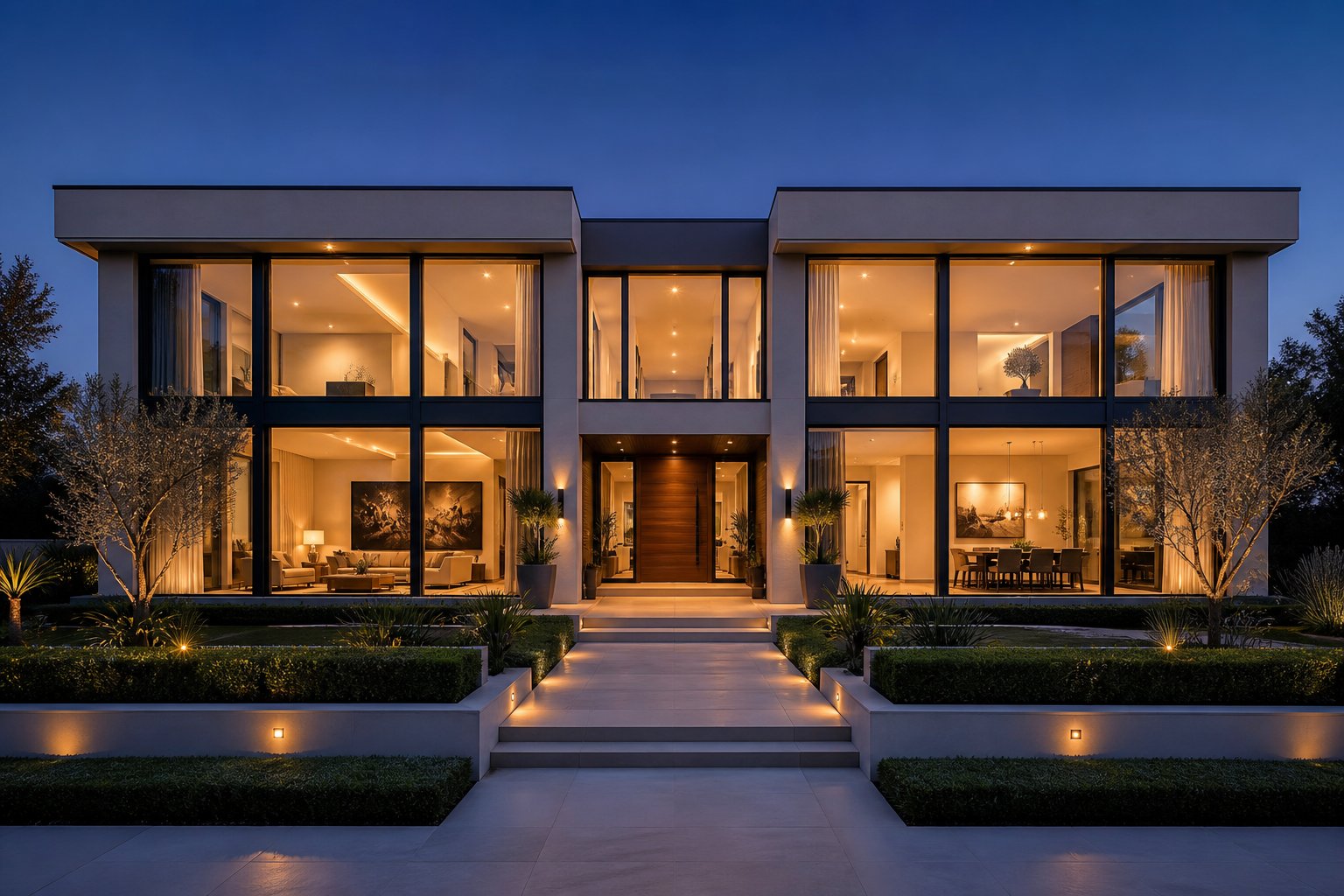 premium aluminium windows with slimline frames maximising natural light and creating a striking contemporary facade at twilight