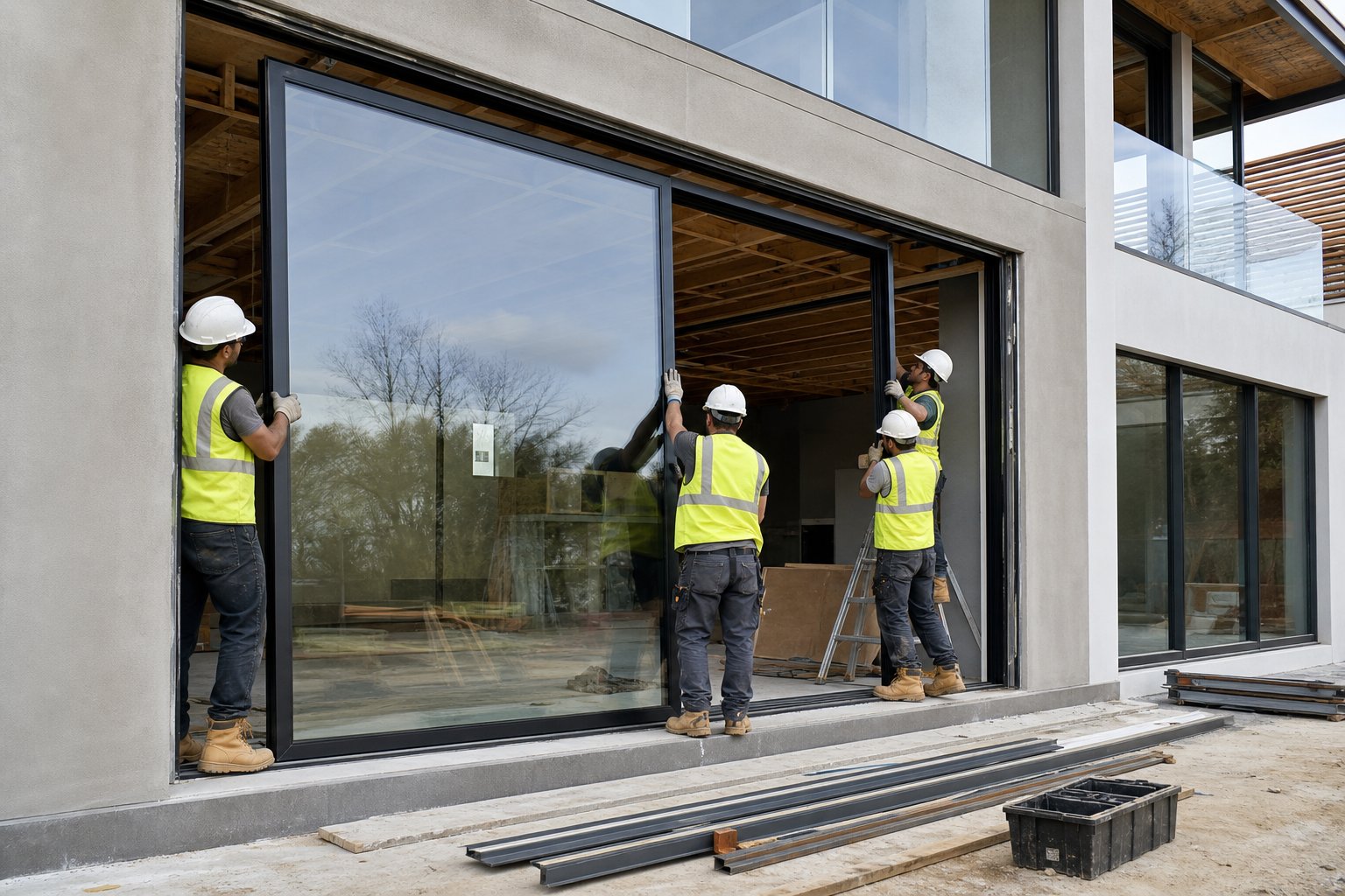 professional installation of a large double glazed aluminium sliding door ensuring compliance with australian building standards