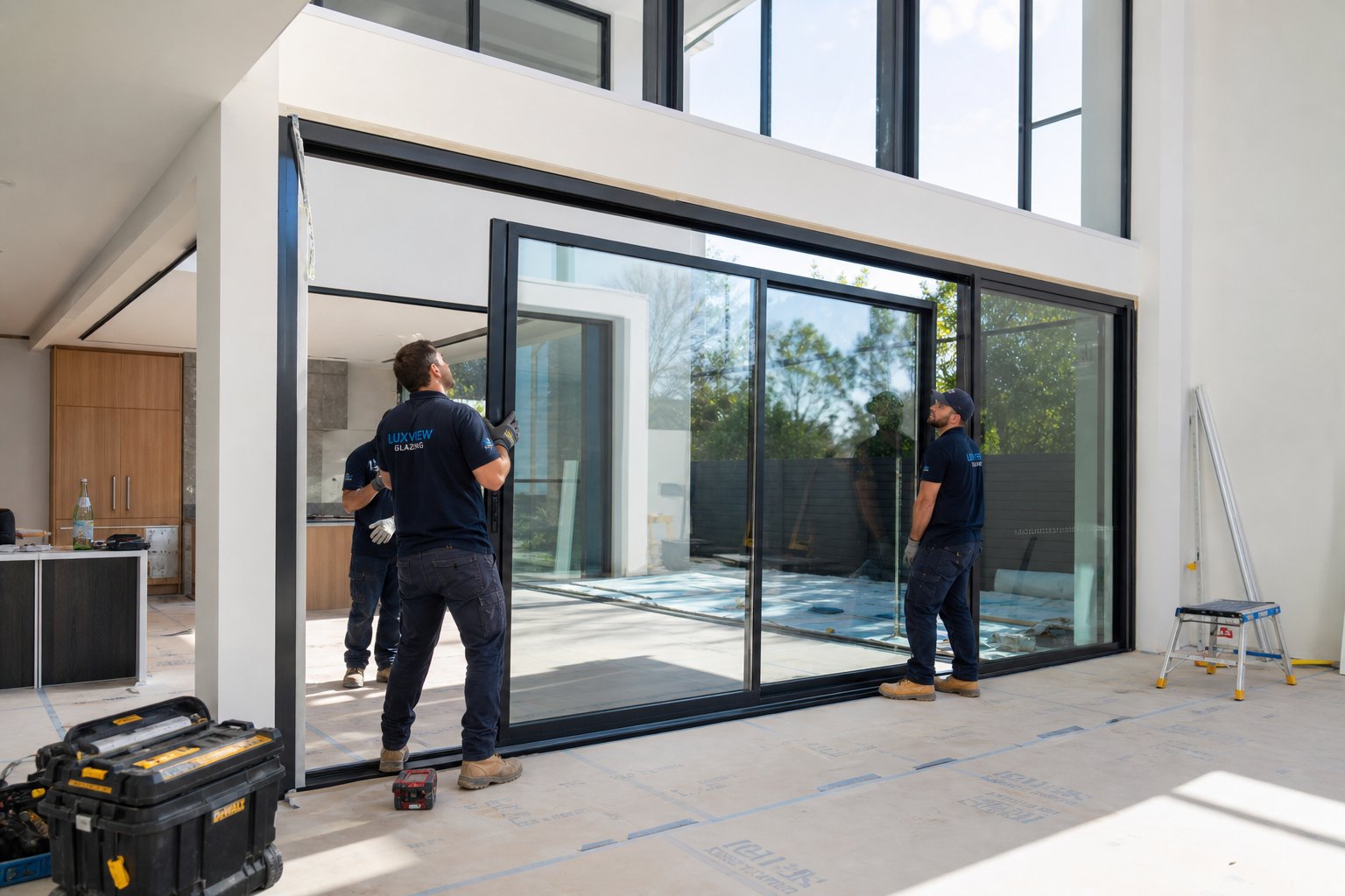 professional installation of aluminium double glazed sliding doors into a modern melbourne home