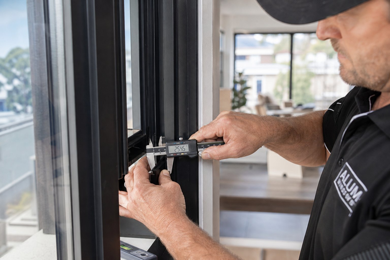 professional installer measuring aluminium frame rebate depth before specifying a double glazed unit