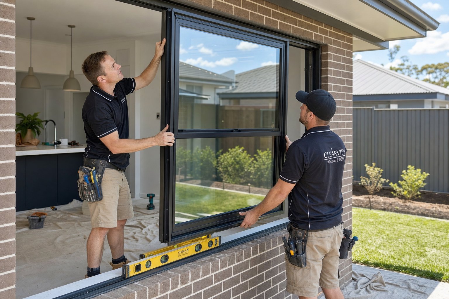 professional installers fitting an aluminium sash window into a residential opening during a home renovation project
