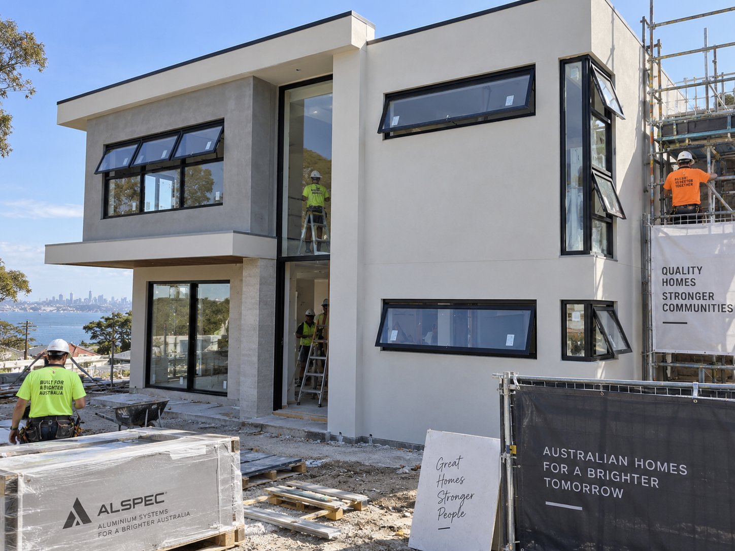 project scale aluminium awning window installation on a modern australian residential build