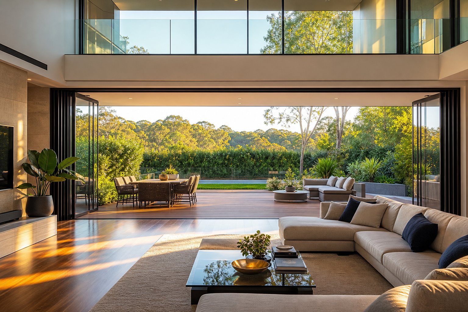 slim aluminium bifold doors creating seamless indoor outdoor flow with maximum glass area