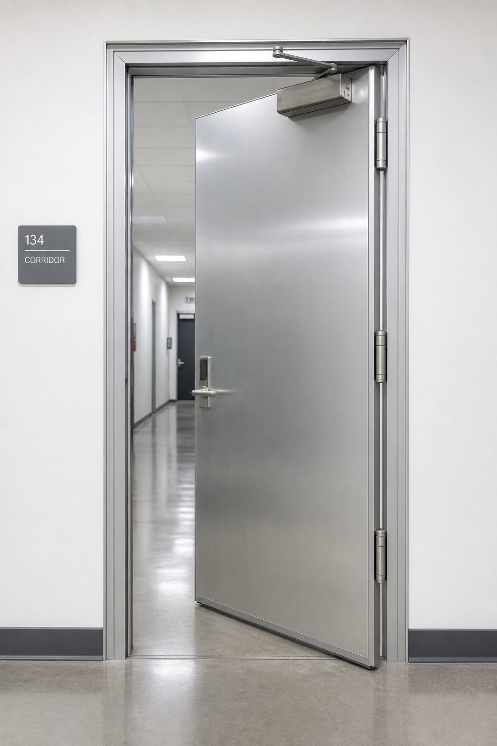 spring loaded hinges on a commercial aluminium door working alongside an overhead door closer
