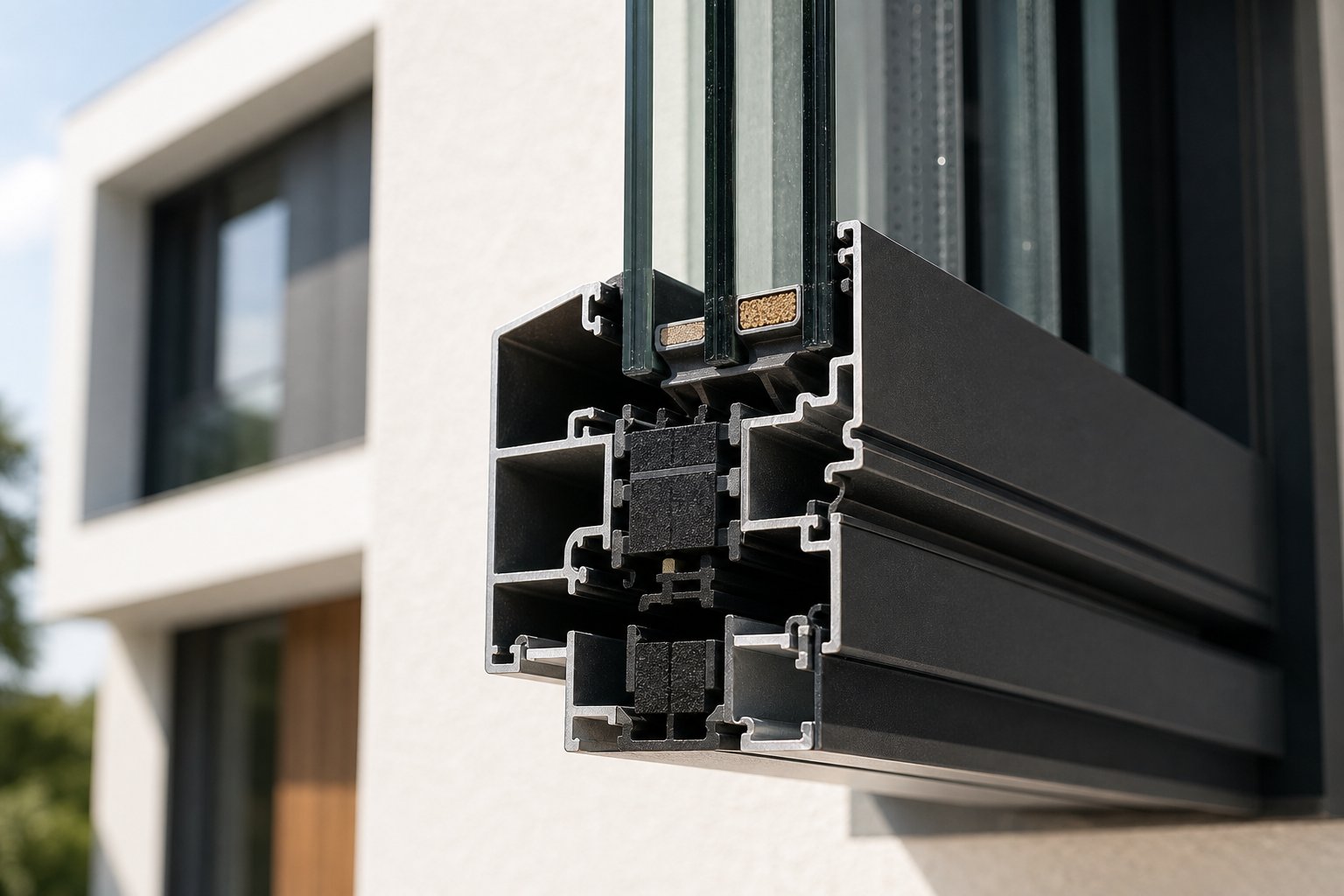 thermally broken aluminium frame profile showing the insulating polyamide strip that reduces heat transfer