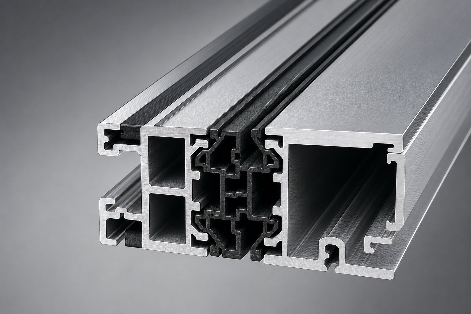 thermally broken aluminium profile with polyamide insulating strip separating interior and exterior sections