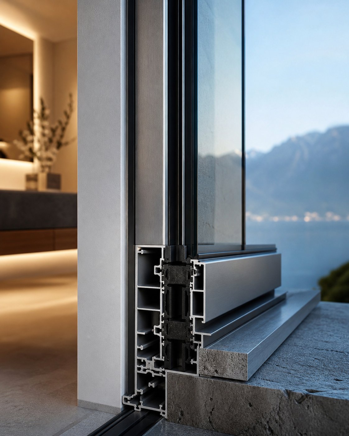 thermally broken aluminium window frame detail showing the slim profile that separates interior warmth from exterior conditions