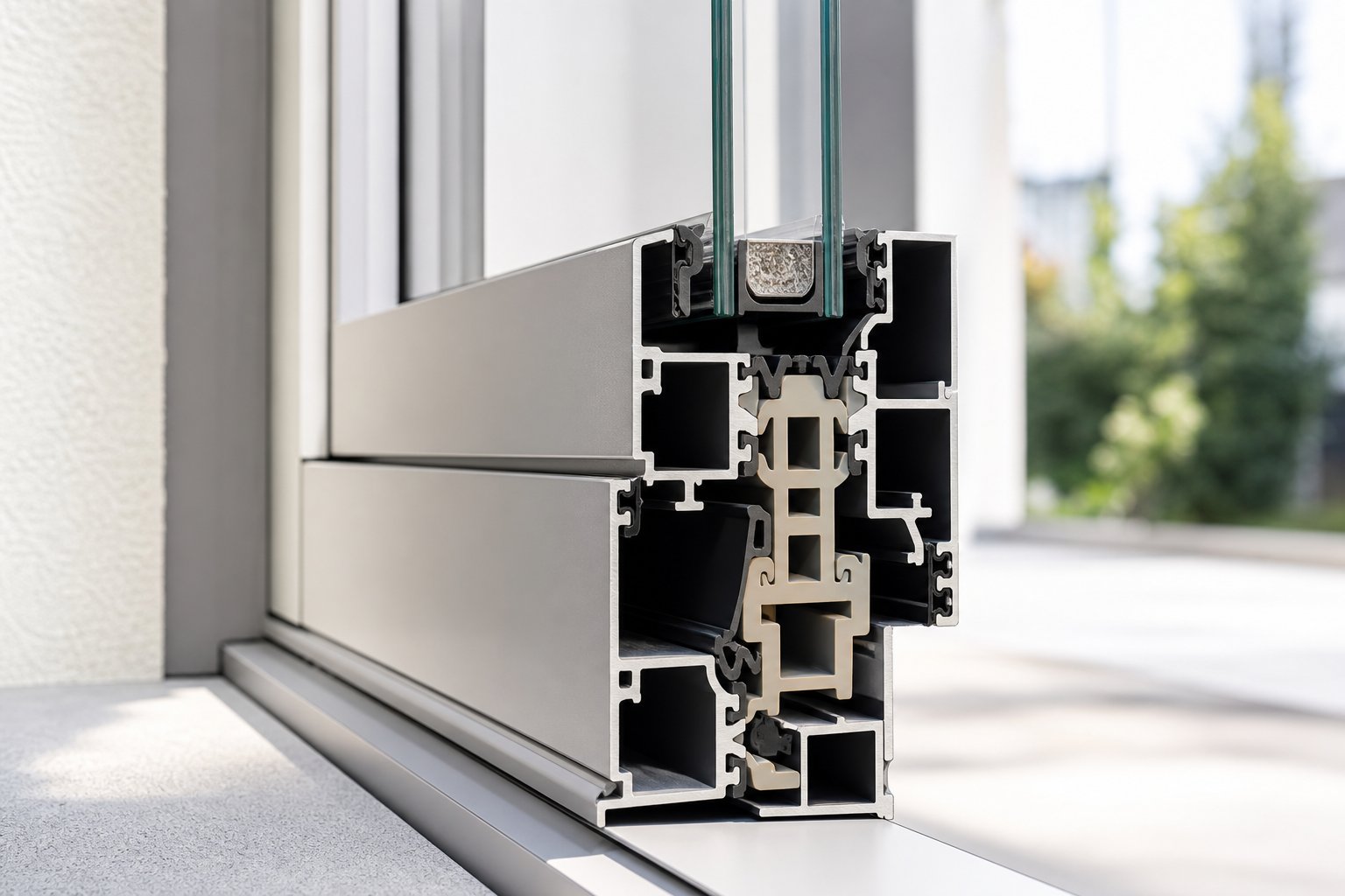thermally broken aluminium window profile with polyamide insulating strip that interrupts heat conduction through the frame
