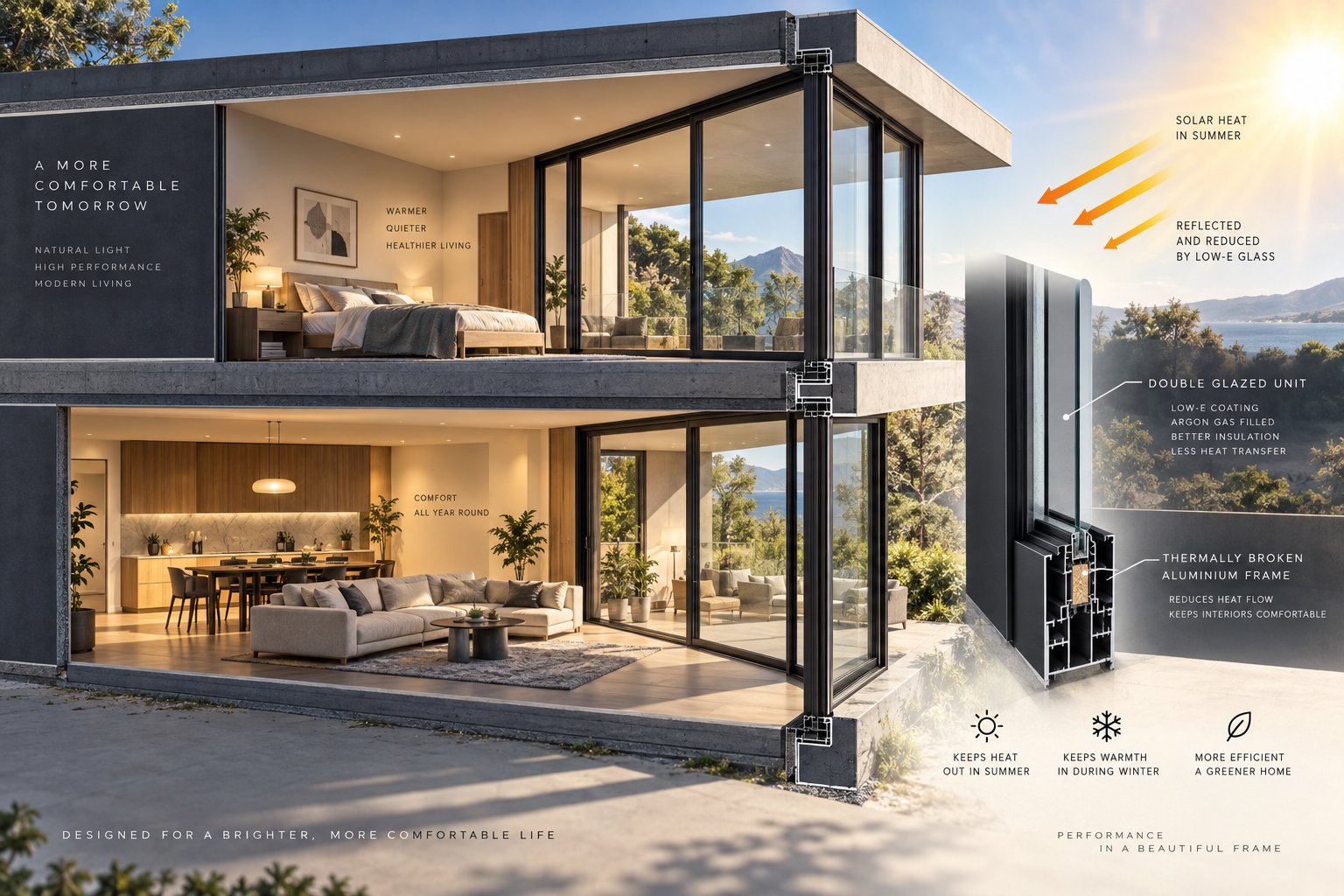 thermally broken black aluminium sliding windows maintaining indoor comfort while handling direct solar exposure on the exterior frame