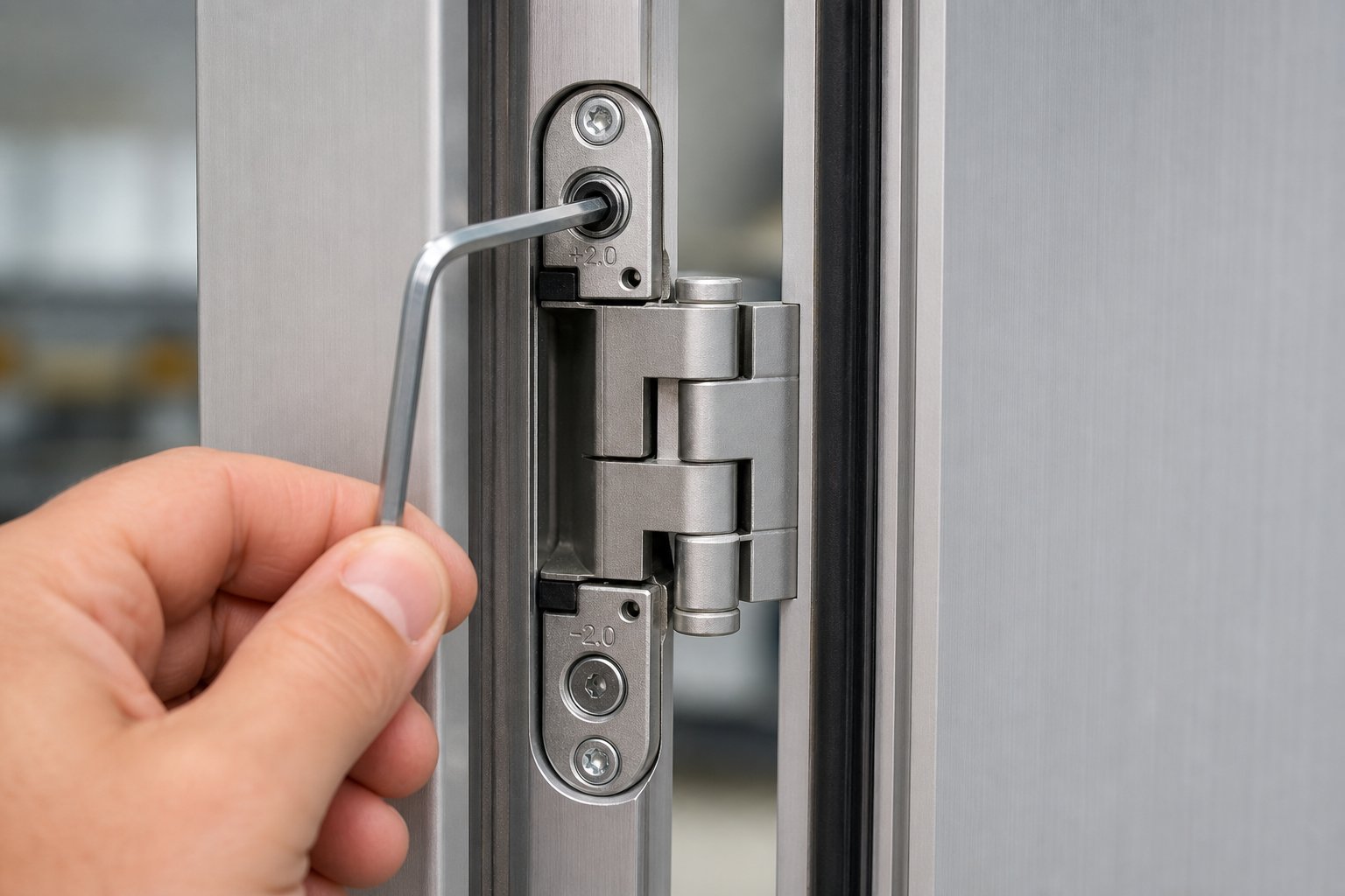 using a hex key to make lateral adjustments on a concealed aluminium door hinge
