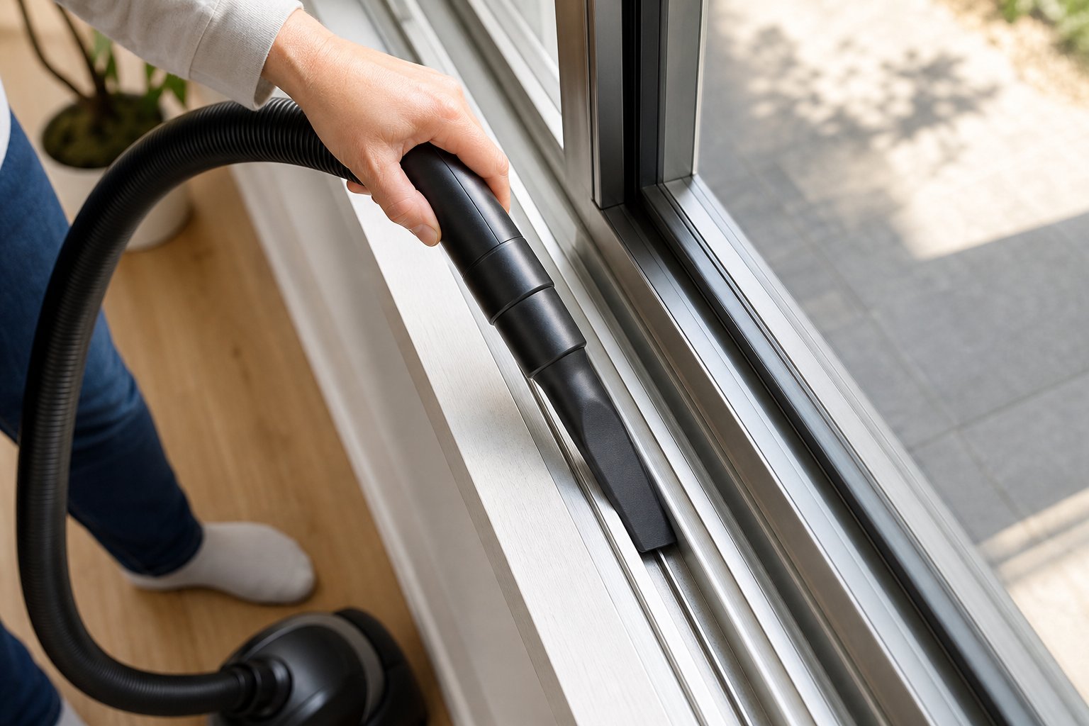 vacuuming loose debris from aluminium window tracks before wet cleaning prevents grit from scratching the surface