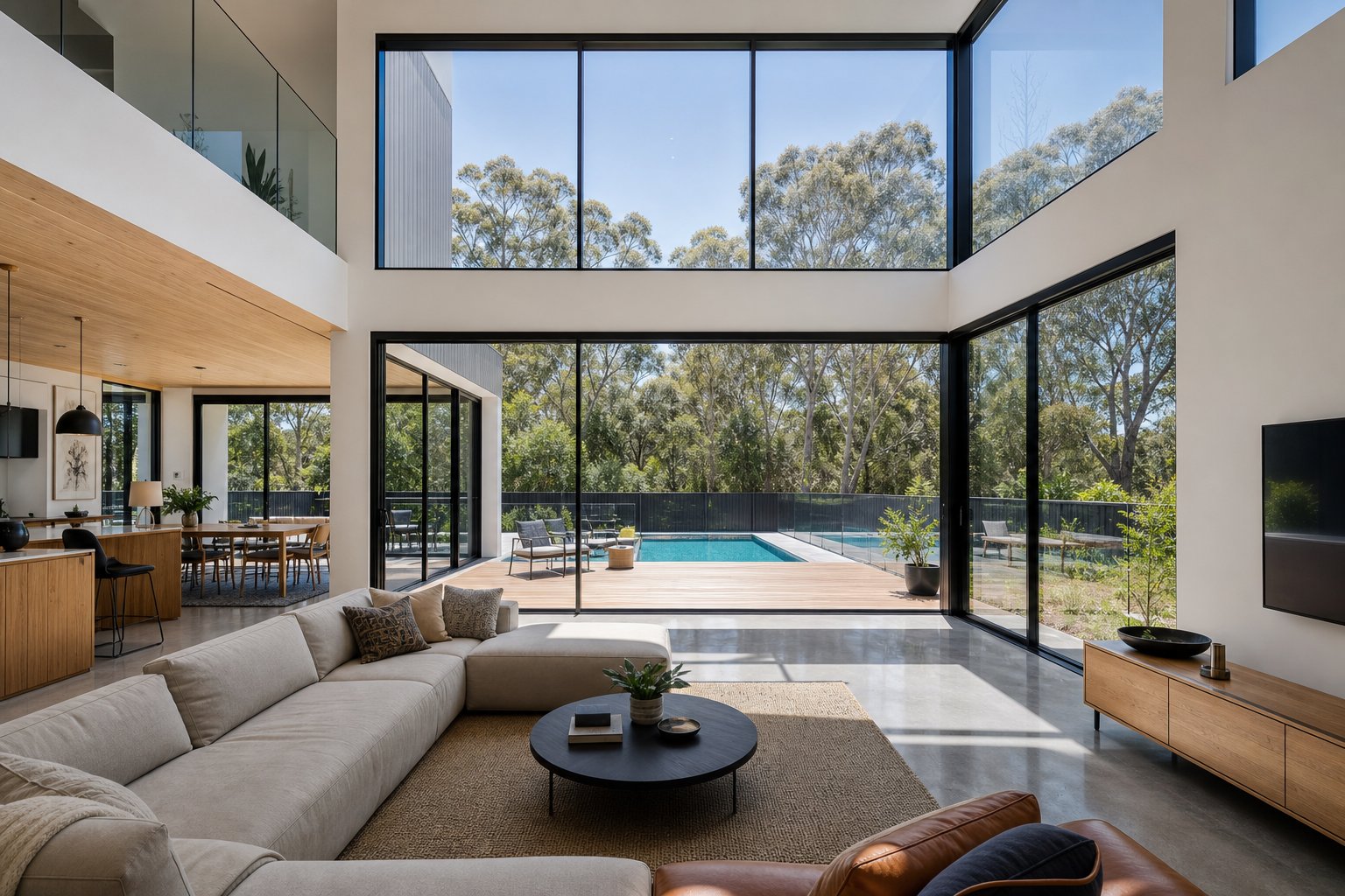 wide aluminium sliding windows in an open plan living area creating a seamless connection to outdoor entertaining spaces